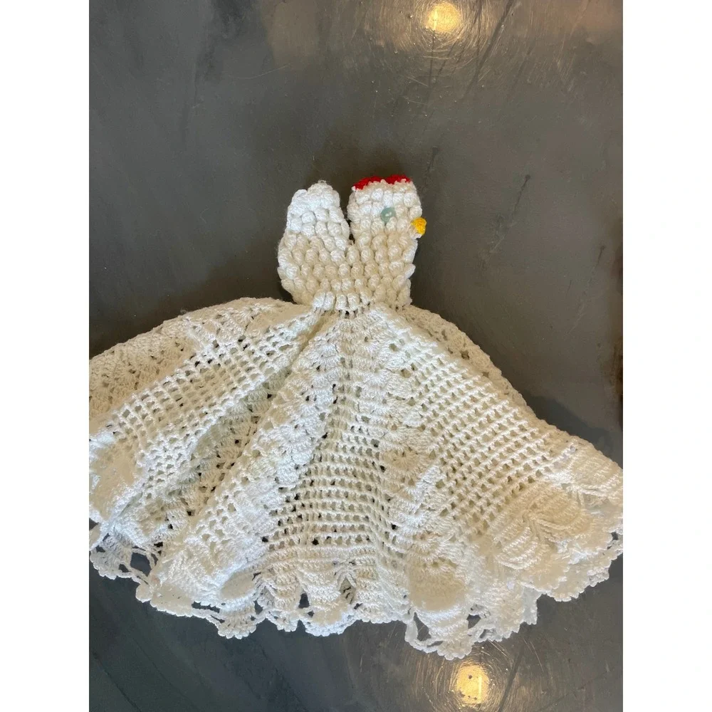 VTG Handmade Crochet Chicken Doily Toaster Cover Rooster Potholder Set Farmhouse